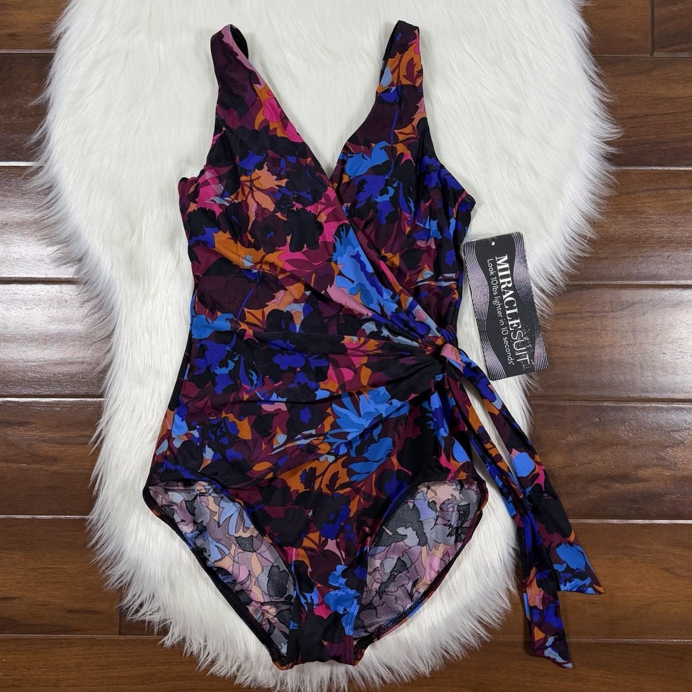 Miraclesuit Women's Size 10 Faux Wrap Side Tie Gamine One Piece Swimsuit